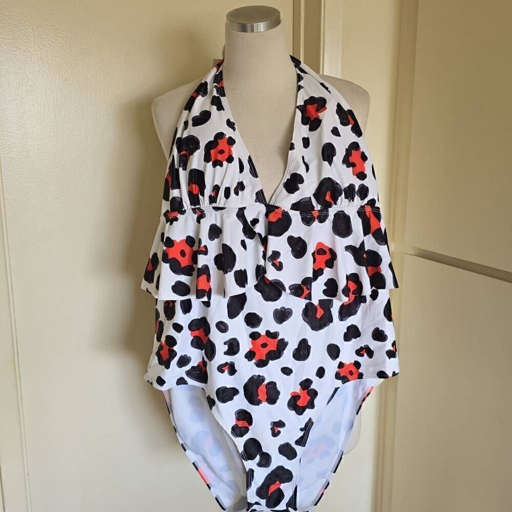 Rose gal Swimwear white,black,red leopard print halter back swimsuit with ruffle